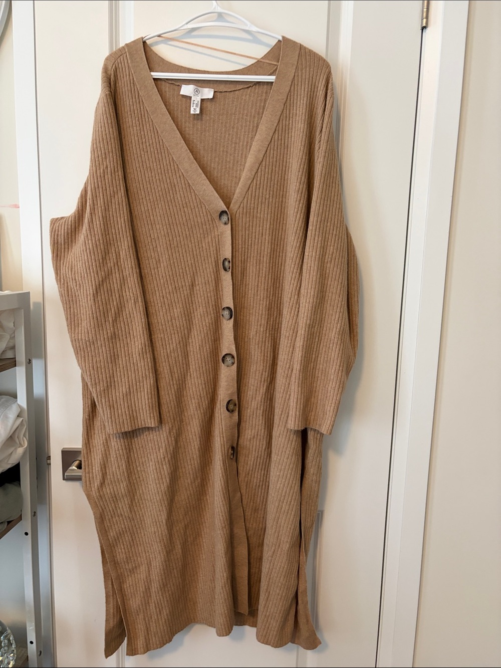 Addition Elle Camel Ribbed Button-Front Long Cardigan
